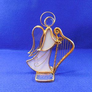 Vintage White Stained Glass Angel w Harp Figurine / Suncatcher SIGNED  7"
